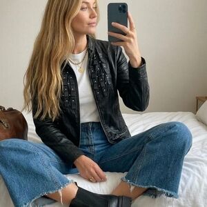 Black Leather Jacket with Edgy Studded Detail Danier, Moto style, like new, XXS